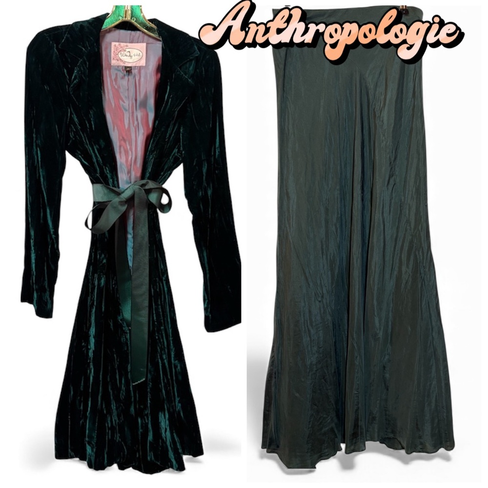 Anthropologie Y2K Crushed Emerald Green Velvet Duster Maxi Silk Skirt Set S/6